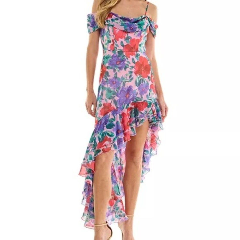 City Studios Women High-Low Dress XS Pink Multi Polyester 2623UH6A Ruffle Floral